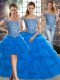Latest Blue Lace Up Quince Ball Gowns Beading and Pick Ups Sleeveless Brush Train