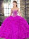 Sleeveless Floor Length Beading and Ruffles Lace Up Quince Ball Gowns with Fuchsia