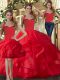 Red Sleeveless Tulle Lace Up Quinceanera Gown for Military Ball and Sweet 16 and Quinceanera