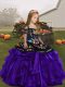 Affordable Floor Length Purple Child Pageant Dress Organza Sleeveless Embroidery and Ruffles