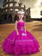 Fuchsia Ball Gowns Straps Sleeveless Satin and Organza Floor Length Zipper Embroidery and Ruffled Layers Girls Pageant Dresses