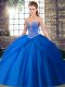Colorful Brush Train Ball Gowns Quinceanera Gowns Blue Sweetheart Tulle Sleeveless Lace Up