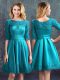 Half Sleeves Knee Length Lace Zipper Quinceanera Dama Dress with Teal