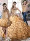 Charming Organza Sweetheart Sleeveless Brush Train Lace Up Beading and Ruffles Quinceanera Dresses in Gold