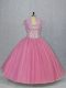 Glittering Floor Length Lace Up Quinceanera Gowns Pink for Sweet 16 and Quinceanera with Beading