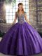 Stylish Floor Length Purple Sweet 16 Dress Tulle Sleeveless Beading and Appliques