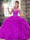 Dynamic Halter Top Sleeveless 15th Birthday Dress Floor Length Beading and Ruffles Purple Tulle