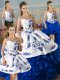 Blue And White Satin and Organza Lace Up Ball Gown Prom Dress Sleeveless Floor Length Embroidery and Ruffles