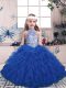 Blue High-neck Lace Up Beading and Ruffles Little Girls Pageant Dress Sleeveless