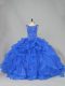 Royal Blue 15th Birthday Dress Organza Brush Train Sleeveless Beading and Ruffles