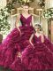 Burgundy Sweet 16 Dresses Sweet 16 and Quinceanera with Ruffles V-neck Sleeveless Backless