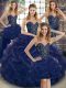 Tulle Sweetheart Sleeveless Lace Up Beading and Ruffles Vestidos de Quinceanera in Navy Blue