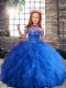 Low Price Sleeveless Tulle Floor Length Lace Up Kids Formal Wear in Blue with Beading and Ruffles