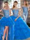 Best Off The Shoulder Sleeveless Quinceanera Dresses Brush Train Beading and Pick Ups Blue Tulle