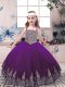Straps Sleeveless Little Girl Pageant Gowns Floor Length Beading and Appliques Purple Tulle