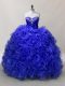 Designer Sweetheart Sleeveless Sweet 16 Dresses Floor Length Ruffles and Sequins Royal Blue Fabric With Rolling Flowers