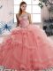 Watermelon Red Tulle Lace Up Off The Shoulder Sleeveless Floor Length Quinceanera Gown Beading and Ruffles