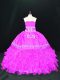 Great Fuchsia Organza Lace Up Strapless Sleeveless Floor Length Vestidos de Quinceanera Embroidery and Ruffles