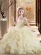 Light Yellow Lace Up High-neck Beading and Ruffles Little Girls Pageant Gowns Tulle Sleeveless Brush Train