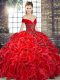 Artistic Red Ball Gowns Off The Shoulder Sleeveless Organza Floor Length Lace Up Beading and Ruffles Quinceanera Gowns