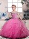 Sleeveless Tulle Floor Length Lace Up Evening Gowns in Pink with Beading and Ruffles