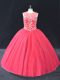 Sweet Tulle Scoop Long Sleeves Lace Up Beading Sweet 16 Quinceanera Dress in Coral Red