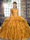 Free and Easy Ball Gowns Sleeveless Gold Sweet 16 Dresses Brush Train Lace Up