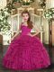 Excellent Floor Length Ball Gowns Sleeveless Fuchsia Little Girl Pageant Dress Lace Up