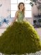 Edgy Olive Green Organza Lace Up Scoop Sleeveless Floor Length Sweet 16 Dresses Beading and Ruffles