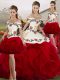 Tulle Off The Shoulder Sleeveless Lace Up Embroidery and Ruffles 15th Birthday Dress in White And Red