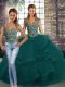 Flare Floor Length Peacock Green Quinceanera Dresses Straps Sleeveless Lace Up