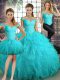 Shining Aqua Blue Tulle Lace Up Off The Shoulder Sleeveless Floor Length 15th Birthday Dress Beading and Ruffles