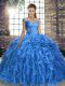 Classical Organza Off The Shoulder Sleeveless Brush Train Lace Up Beading and Ruffles Vestidos de Quinceanera in Blue