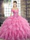 Flare Rose Pink Off The Shoulder Lace Up Beading and Ruffles Quinceanera Dress Brush Train Sleeveless