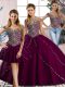 Cap Sleeves Beading Lace Up Ball Gown Prom Dress with Purple Brush Train