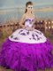 White And Purple Ball Gowns Sweetheart Sleeveless Organza Floor Length Lace Up Embroidery and Ruffles and Bowknot Vestidos de Quinceanera