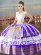 Elegant White And Purple V-neck Lace Up Embroidery and Ruffled Layers Quinceanera Gown Sleeveless