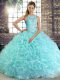 Aqua Blue Sleeveless Fabric With Rolling Flowers Lace Up Sweet 16 Dress for Military Ball and Sweet 16 and Quinceanera