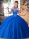 Fashionable Blue Ball Gowns Beading and Pick Ups Quinceanera Gown Lace Up Tulle Sleeveless