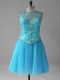 Mini Length Lace Up Evening Dress Aqua Blue for Prom and Party with Beading and Sequins