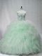 Sleeveless Tulle Brush Train Lace Up Sweet 16 Dress in Apple Green with Beading and Ruffles