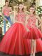 Nice Embroidery Ball Gown Prom Dress Red Lace Up Sleeveless Floor Length