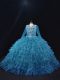 Elegant Teal Lace Up V-neck Beading and Ruffled Layers Quinceanera Gowns Organza Long Sleeves