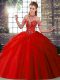 Adorable Red Sleeveless Brush Train Beading and Pick Ups Ball Gown Prom Dress