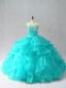 Aqua Blue Lace Up Sweetheart Beading and Ruffles Ball Gown Prom Dress Organza Sleeveless