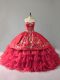 Dazzling Sweetheart Sleeveless Sweet 16 Dresses Floor Length Embroidery and Ruffles Red Organza