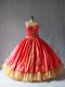 Coral Red Ball Gowns Embroidery Ball Gown Prom Dress Lace Up Satin and Organza Sleeveless Floor Length