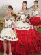 Customized Floor Length Lace Up 15th Birthday Dress White And Red for Military Ball and Sweet 16 and Quinceanera with Embroidery and Ruffles
