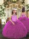 New Style Fuchsia Halter Top Lace Up Beading and Ruffles Kids Formal Wear Sleeveless