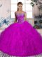 Fuchsia Tulle Lace Up Quinceanera Gowns Sleeveless Brush Train Beading and Ruffles